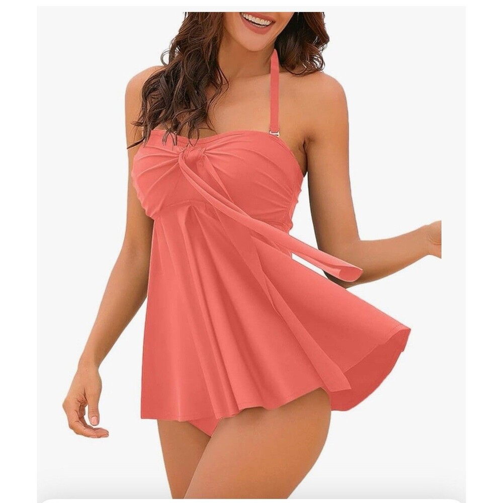 Women's Halter Bandeau Self-Tied Tankini Set Two Pieces Swimsuit peach echo XXL